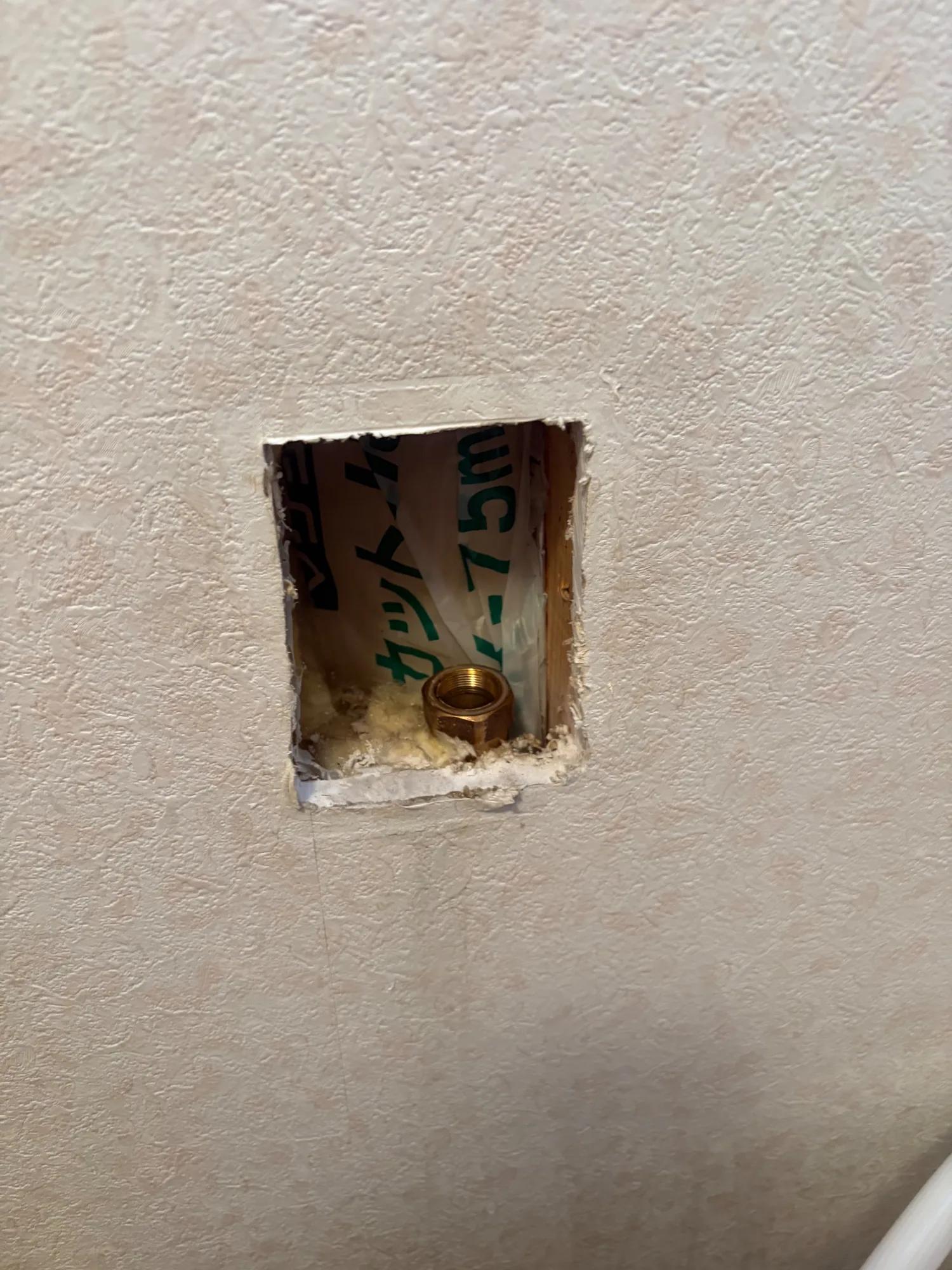 本体を外した状態。壁の中には給水管の接続口（黄銅のナット）だけが残る